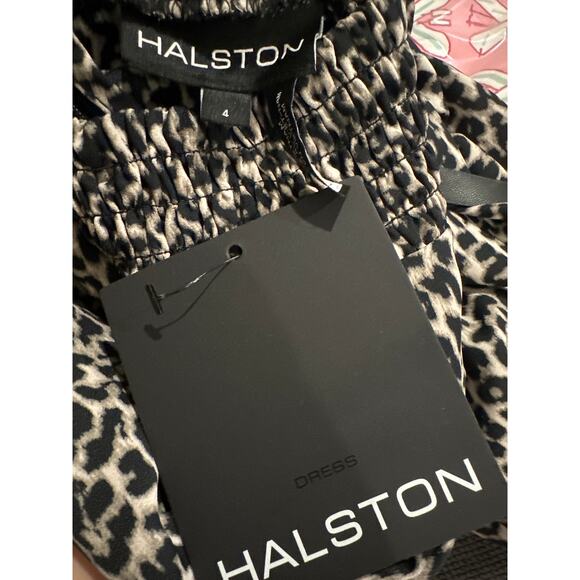 HALSTON Smock-Neck Long-Sleeve Belted Chiffon Dress Leopard Print Size 4 - Picture 4 of 8